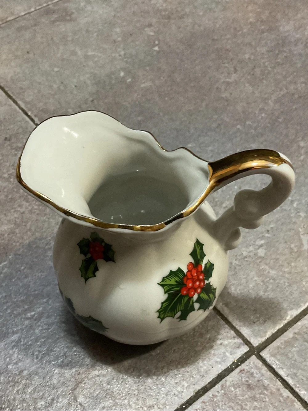Lefton White Ceramic Pitcher & Saucer with Red Holly Berries and Green Leaves